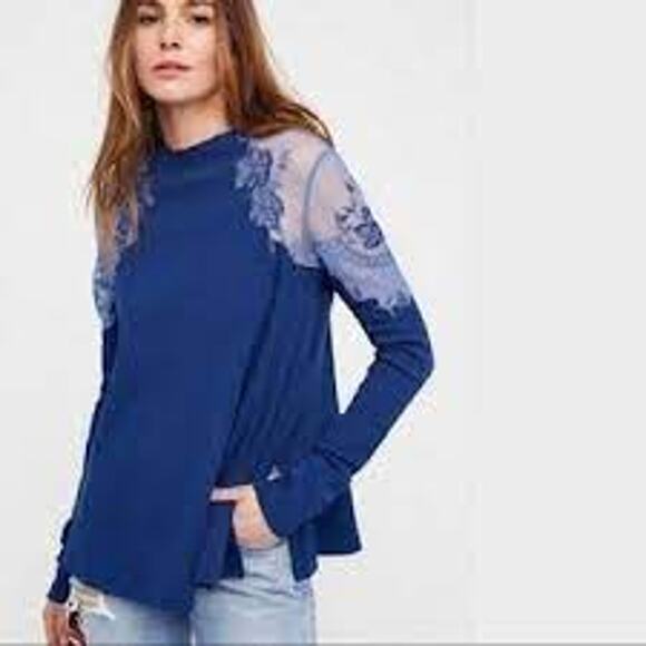 New Free People XS Blue Daniella Lace Top Long Sleeve Ribbed Swingy Side Split - Picture 11 of 11